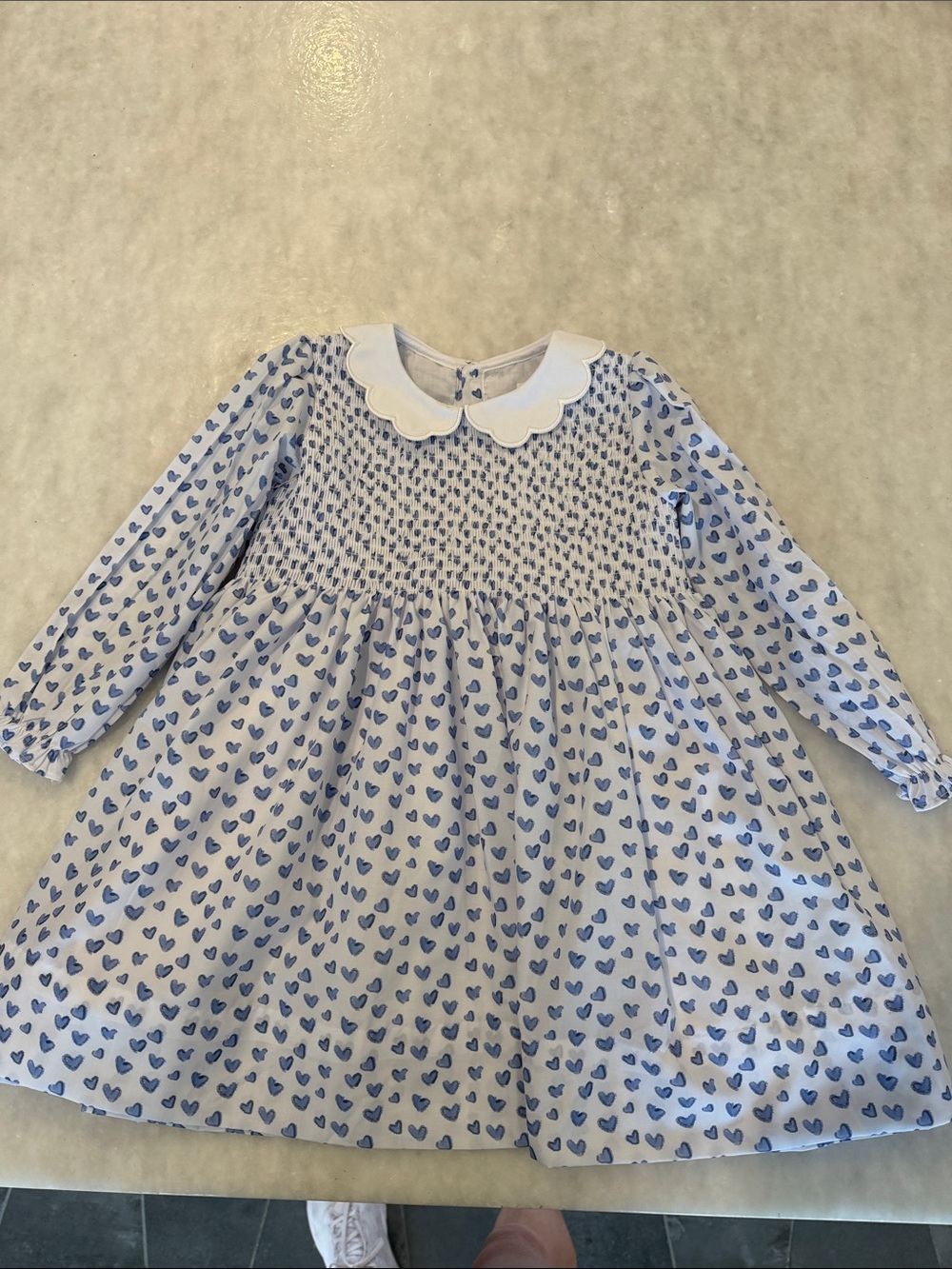 Blue Heart-Print Long-Sleeve Smocked Dress with Scalloped Collar